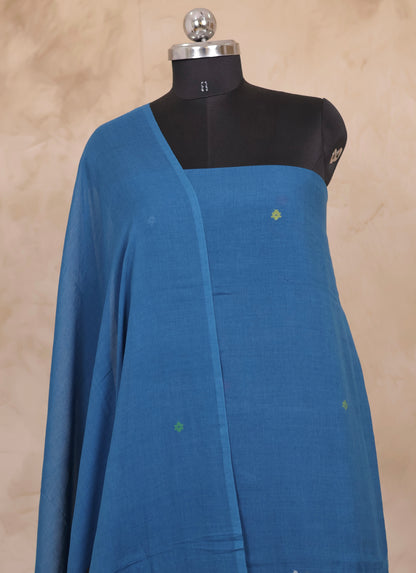 Blue Handwoven Jamdhani weaving pure Malai cotton 2 piece suit sets | Looms & Tassels