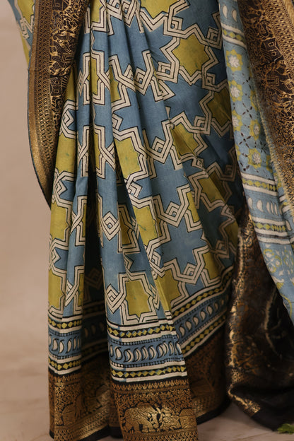 Sky Blue Ajrakh Handblock printed Dola Silk Saree | Looms & Tassels