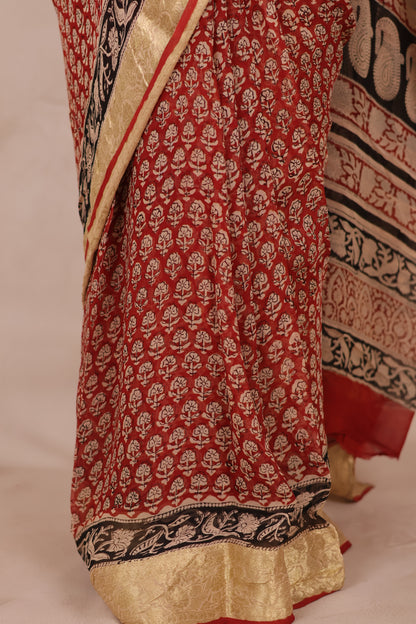 Maroon Chiffon Hand Block Printed Saree with Jari Border | Looms & Tassels