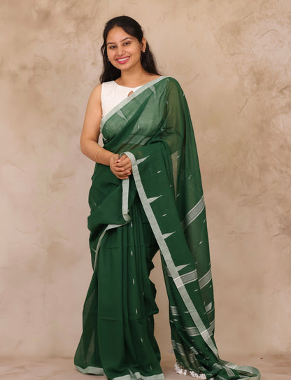 Bottle Green Malai Cotton Saree with Butta Weaving | Looms & Tassels
