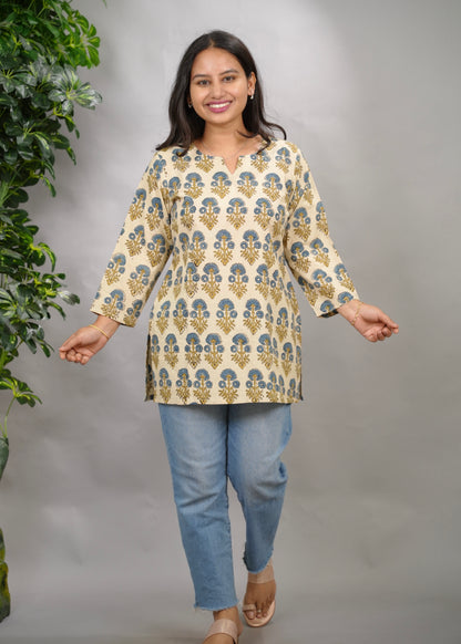 Cream Ajrakh Hand Block Printed Short Top