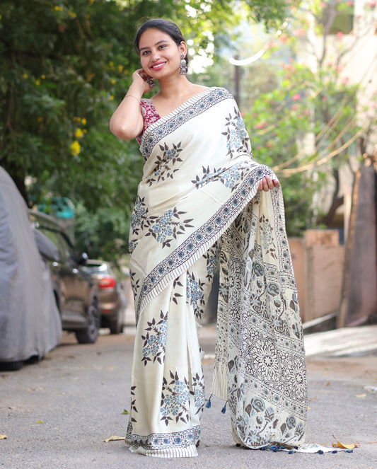 Cream Ajrakh Modal Silk Saree