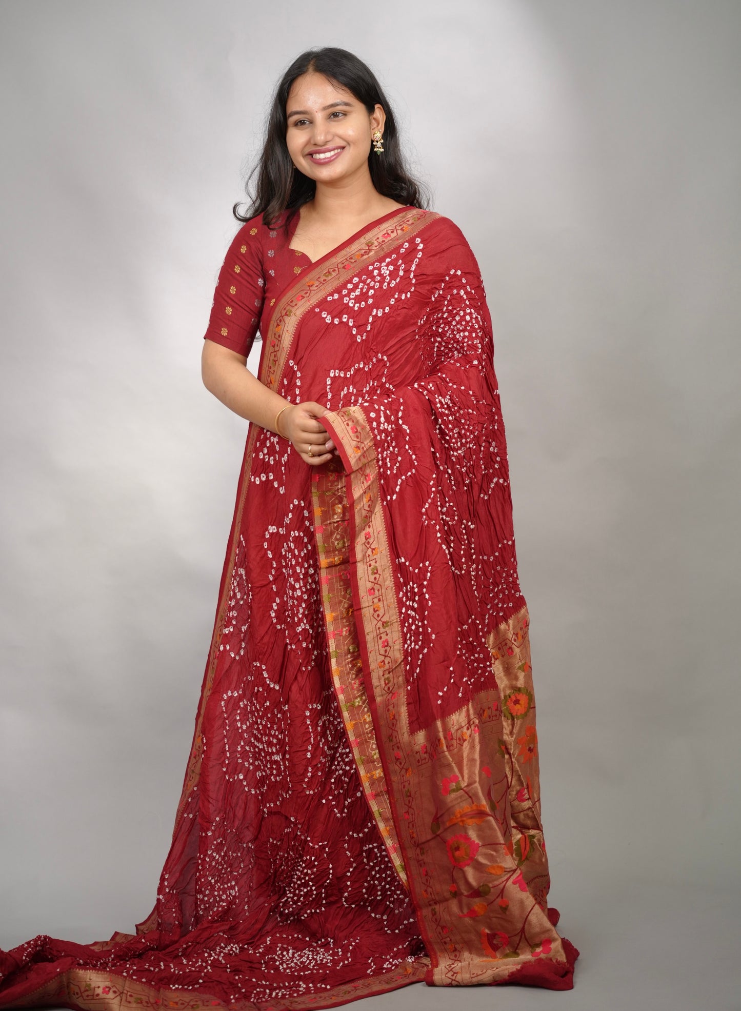 Maroon Handcrafted Pattern Bandhani Paithani Dola Silk Saree | Looms & Tassels