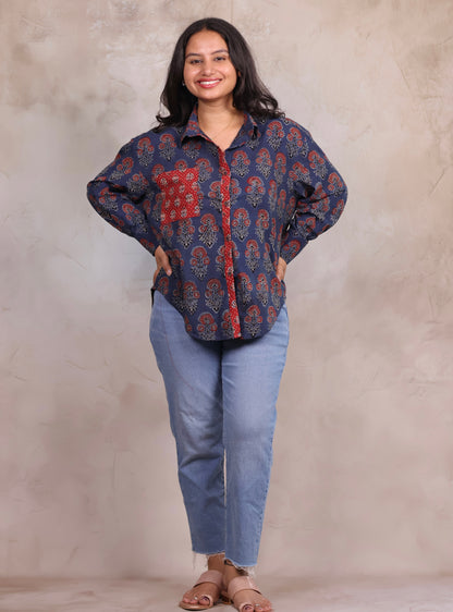 Indigo Ajrakh Handblock Printed Patch Work Shirt (Pure Cotton ) | Looms & Tassels