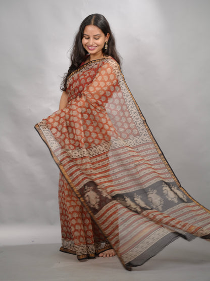 Maroon Pure Kota Doria Saree with Bagru Handblock Prints | Looms & Tassels