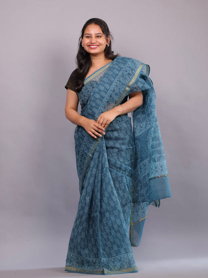 Pure Kota Doria Saree with Bagru Handblock Prints – Teal Blue | Looms&Tassels
