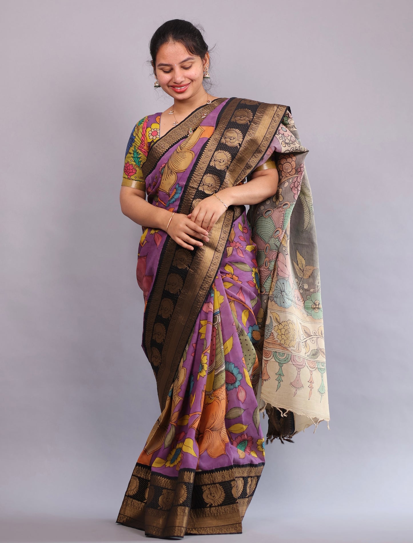 Lavender Hand Painted Pen Kalamkari Silk Saree