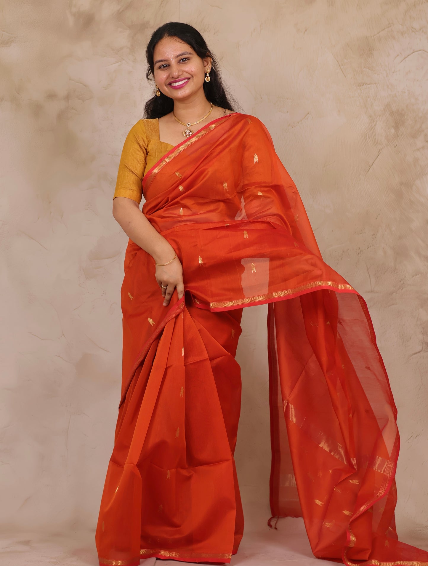Orange Handloom Maheswari Silk Cotton Sarees | Looms & Tassels