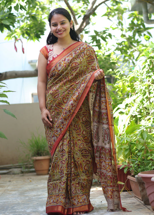 Green Hand Block Printed Kalamkari Nizam Border Silk Sare