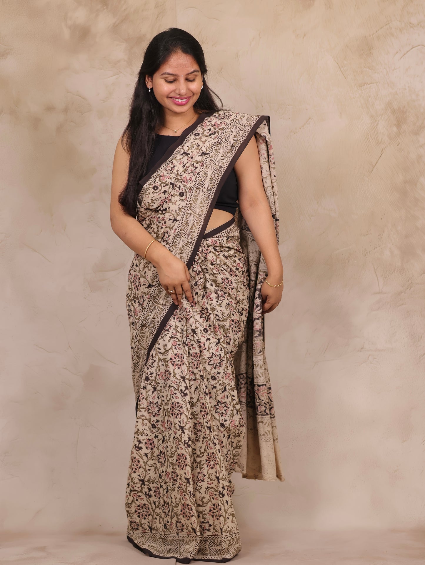 Cream Hand Block Printed Kalamkari Cotton Saree | Looms & Tassels