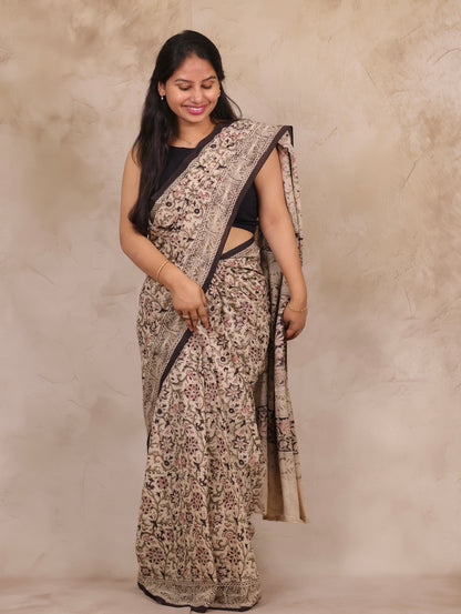 Cream Hand Block Printed Kalamkari Cotton Saree | Looms & Tassels