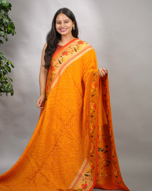 Yellow Handcrafted Bandhani Paithani Dola Silk Saree | Looms & Tassels
