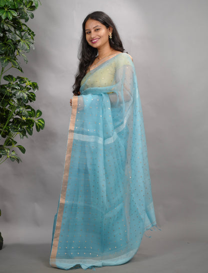 Sky Blue Handwoven Muslin Silk Saree With Sequence Work | Looms & Tassels