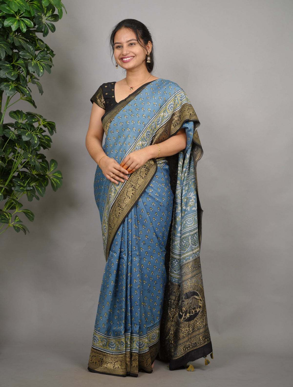 Ajrakh Dola Silk Saree - Blue | Looms & Tassels