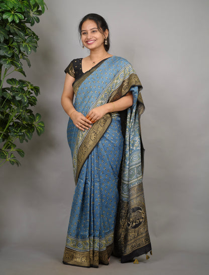 Ajrakh Dola Silk Saree - Blue | Looms & Tassels