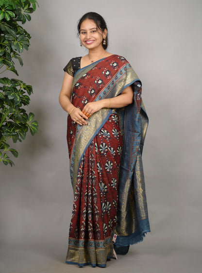 Ajrakh Dola Silk Saree - Brick Red | Looms & Tassels