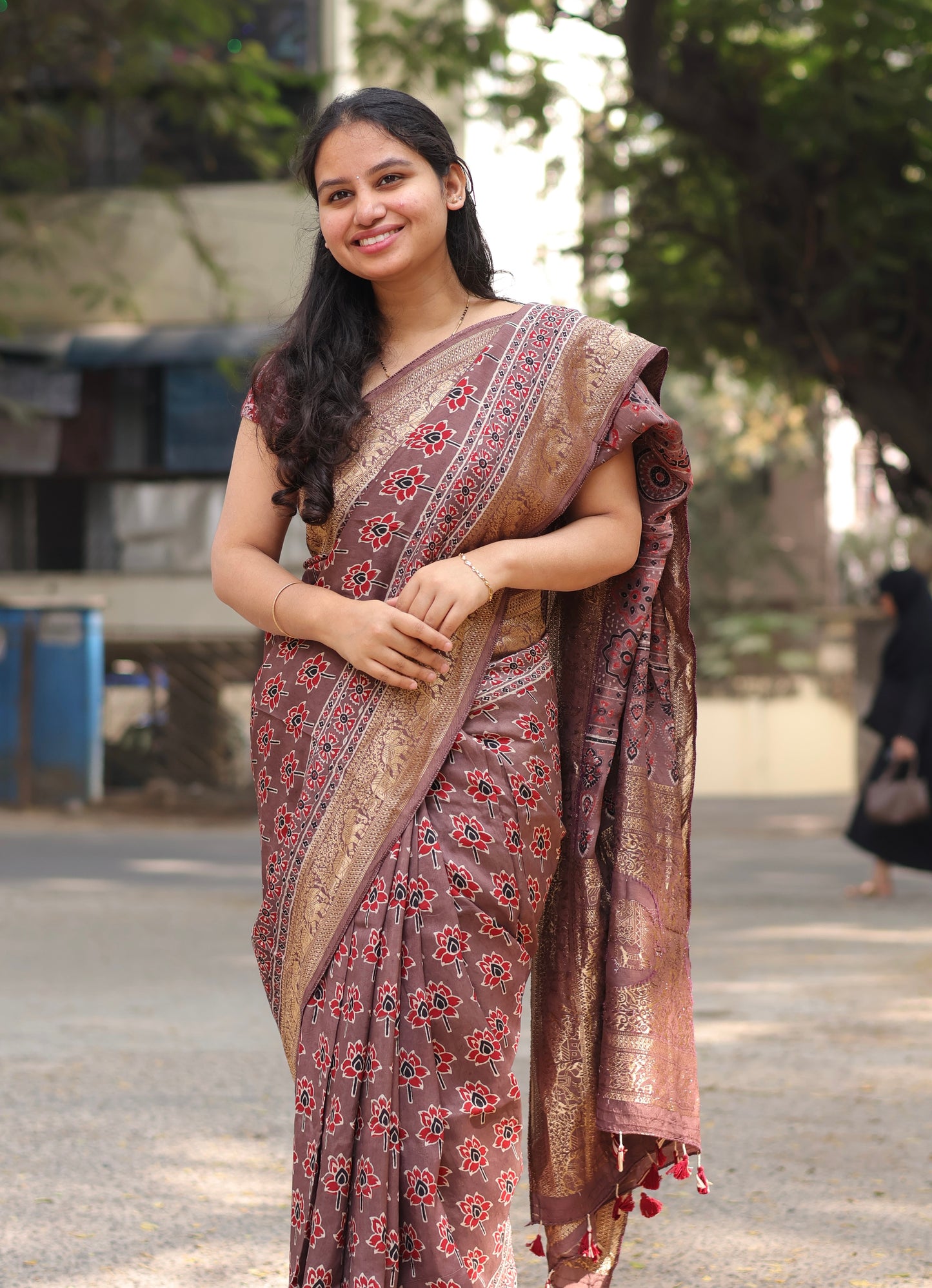 Lotus Butta Authentic Ajrakh Handblock Printed Dola Silk Saree | Looms & Tassels