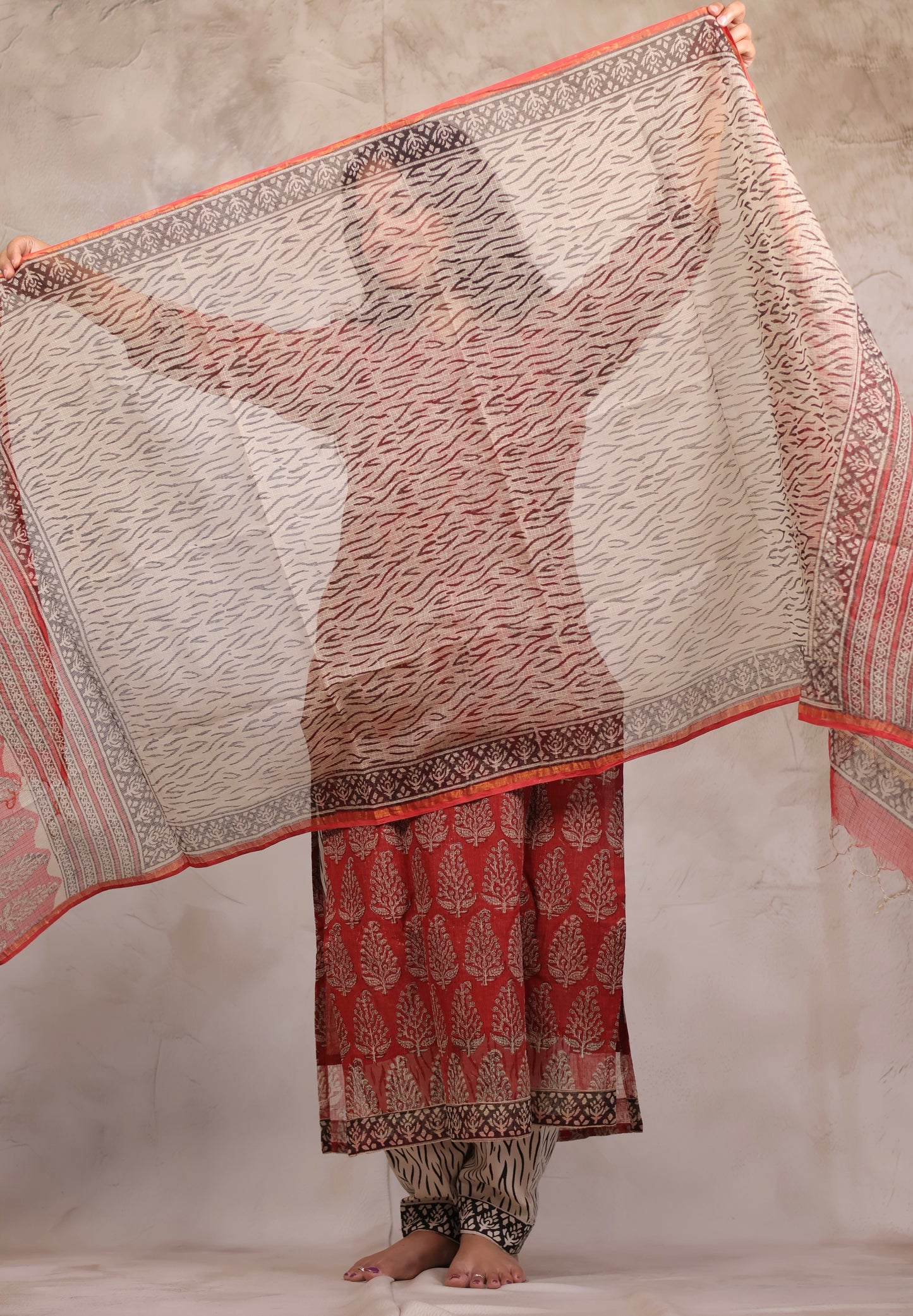 Red Handblock printed kota 3 piece suit (stitched)