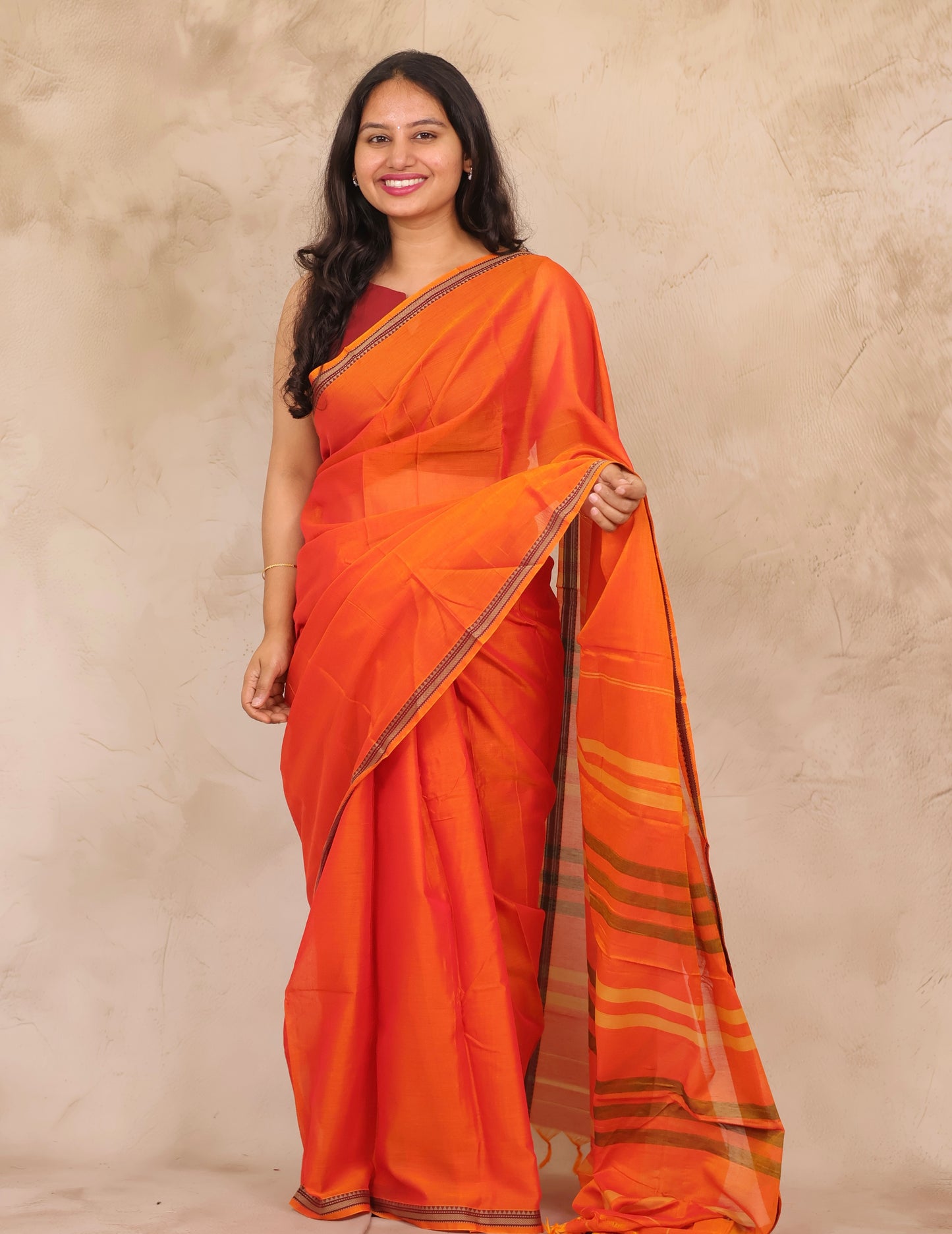 Orange Narayanpet Cotton Saree | Looms & Tassels