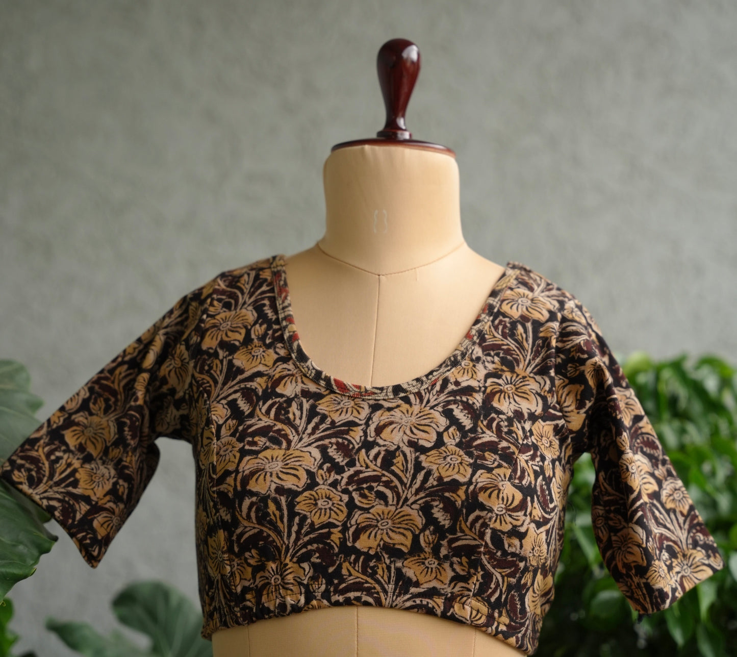 Black Round Neck Stretchable Hand block printed kalamkari blouse