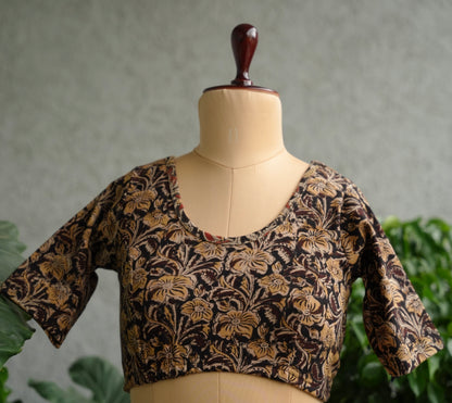 Black Round Neck Stretchable Hand block printed kalamkari blouse