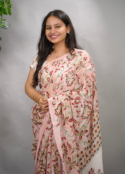 Pastel Pink Georgette Hand Block Printed Saree| Looms & Tassels