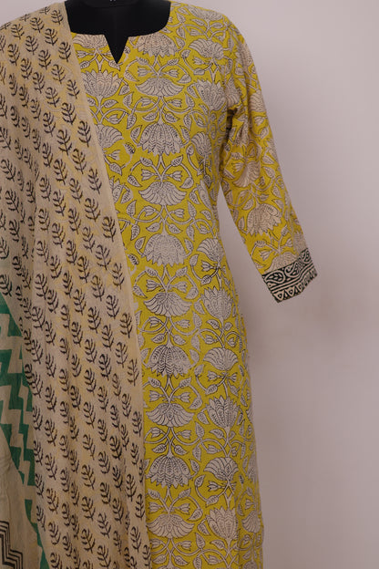 Yellow Handblock printed Pure Mul Cotton with Chiffon Duppata 3 piece suit (stitched)
