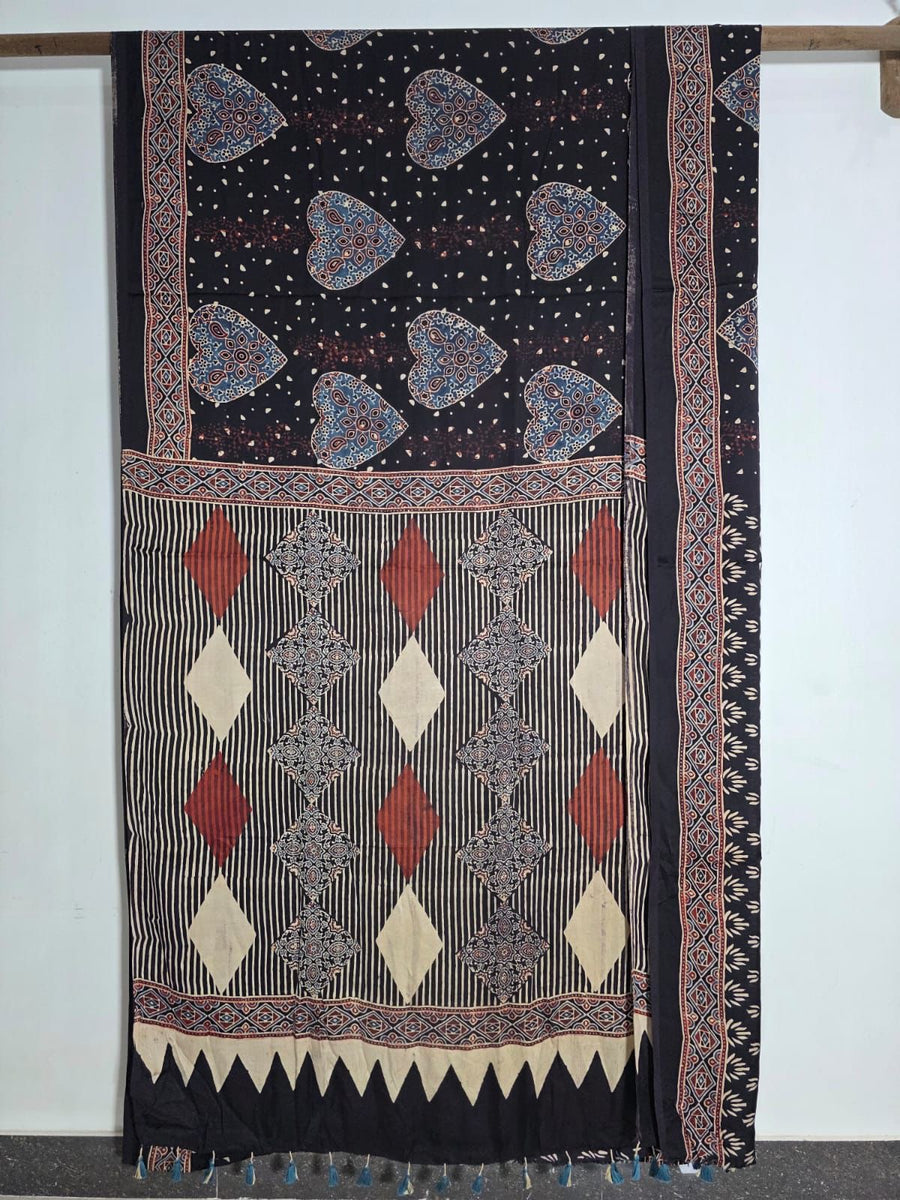 Black Heart Motifs Exclusive Authentic Ajrakh Handblock Printed Modal Silk Saree | Looms & Tassels