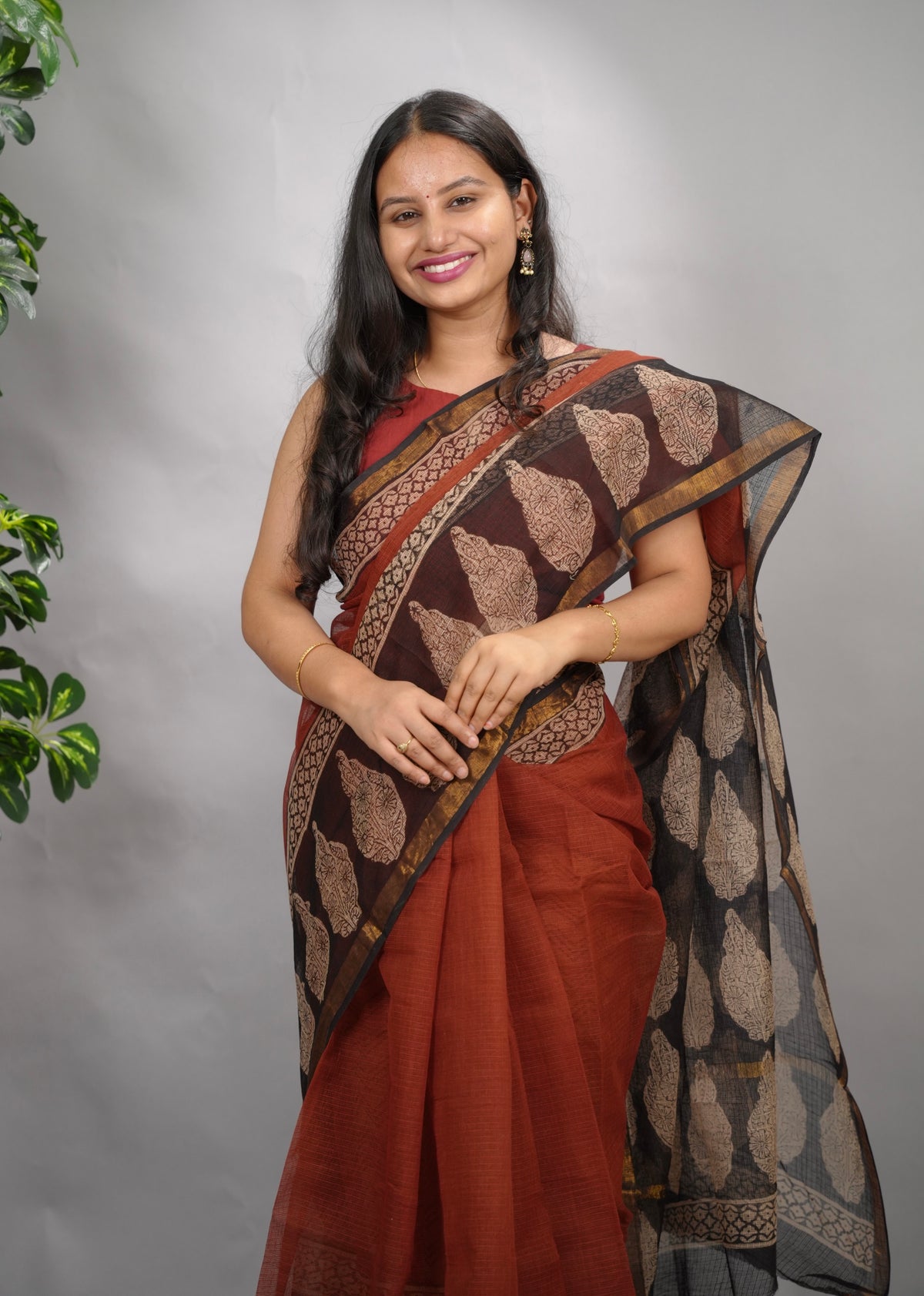 Maroon Pure Kota Doria Saree with Bagru Handblock Prints