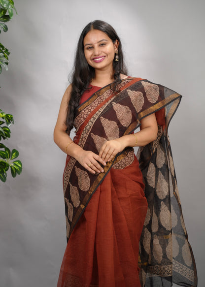 Maroon Pure Kota Doria Saree with Bagru Handblock Prints
