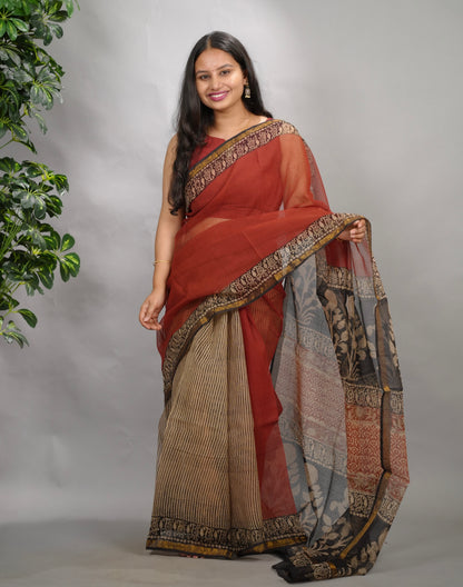 Maroon Pure Kota Doria Saree with Bagru Handblock Prints