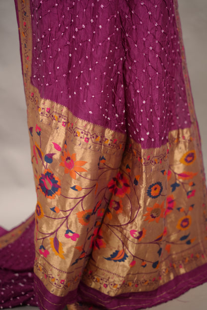 Magenta Handcrafted Bandhani Paithani Dola Silk Saree | Looms & Tassels