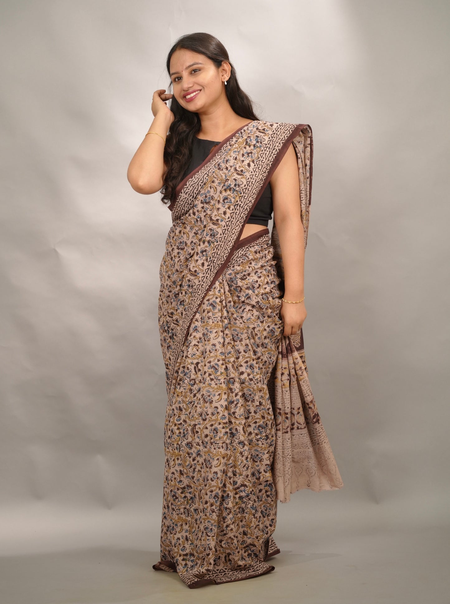 Cream Hand Block Printed Kalamkari Cotton Saree | Looms & Tassels
