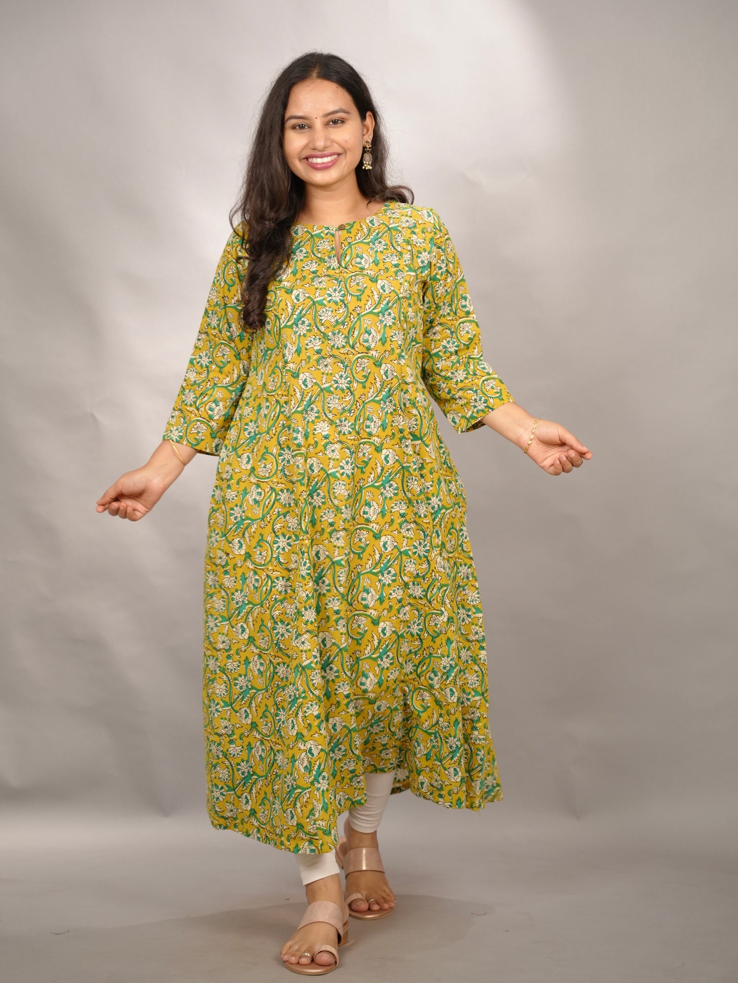 Mustard Yellow Pure Mul Cotton Kali Kurta  | Looms & Tassels