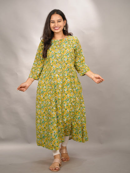 Mustard Yellow Pure Mul Cotton Kali Kurta  | Looms & Tassels
