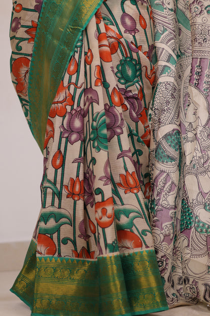 Cream & Green Kanchi border Kalamkari chennur silk saree