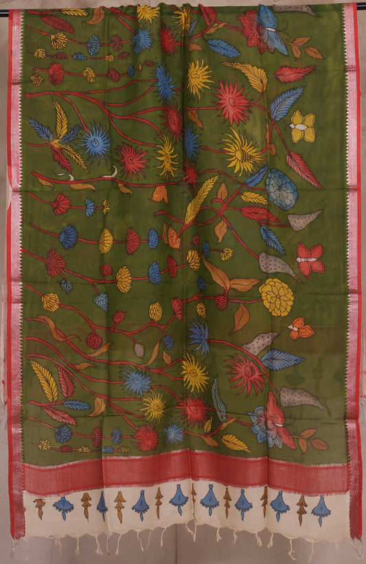 Green Pen Kalamkari Mangalagiri silk Dupatta