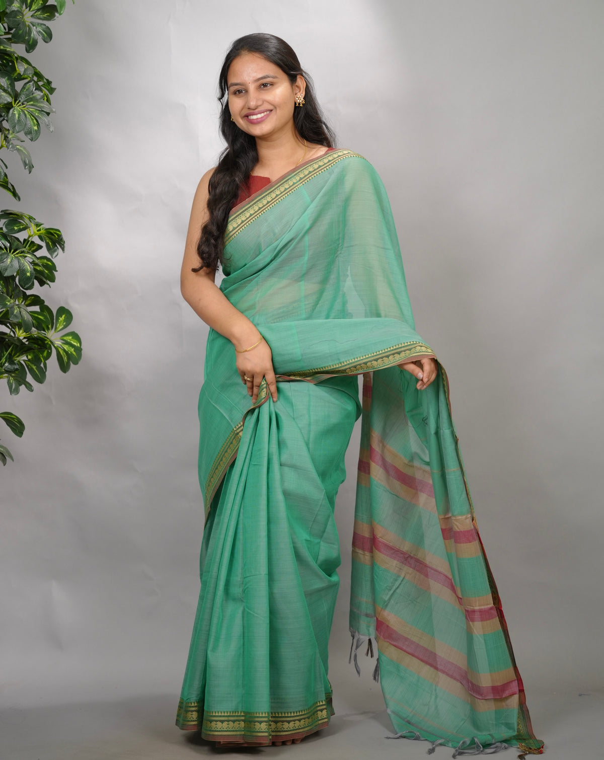 Sea Green Narayanpet Cotton Saree | Looms & Tassels