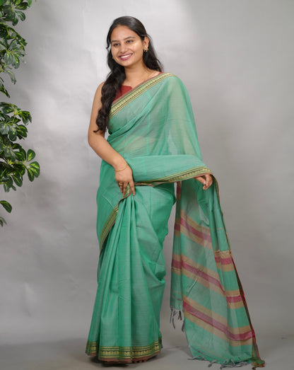 Sea Green Narayanpet Cotton Saree | Looms & Tassels