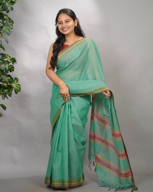 Sea Green Narayanpet Cotton Saree | Looms & Tassels