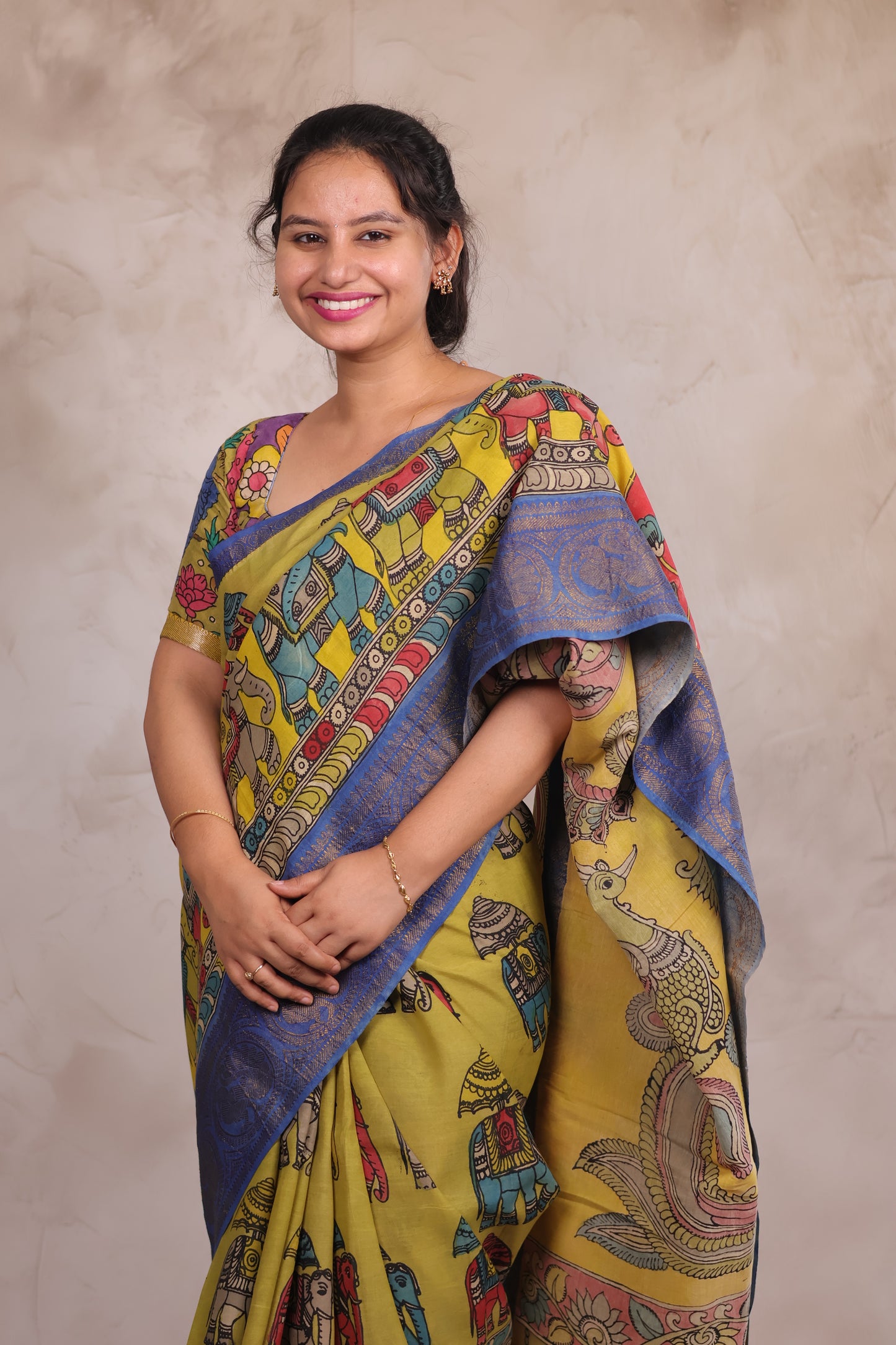 Hand Drawn Pen Kalamkari Parrot Green And Blue Bangalore Silk Kanchi Border Saree | Looms & Tassels
