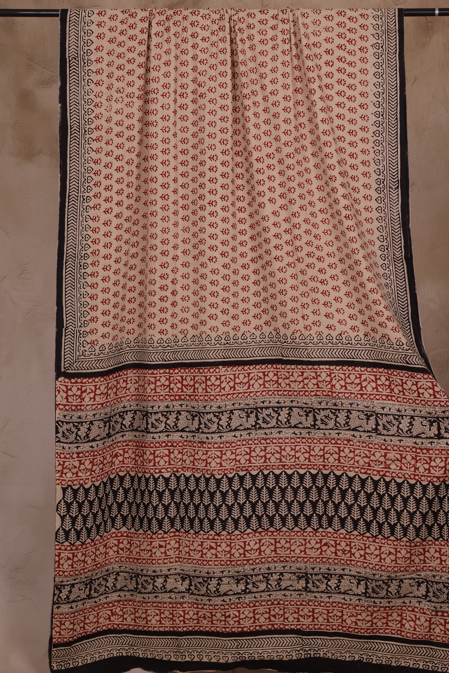 Cream Bagru Handblock printed MulMul cotton saree