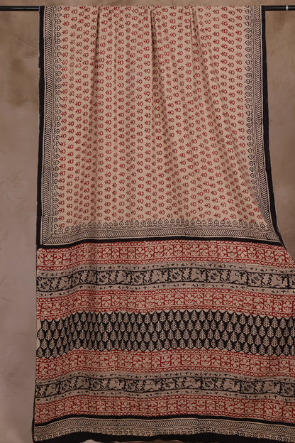 Cream Bagru Handblock printed MulMul cotton saree