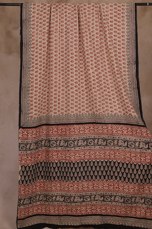 Cream Bagru Handblock printed MulMul cotton saree
