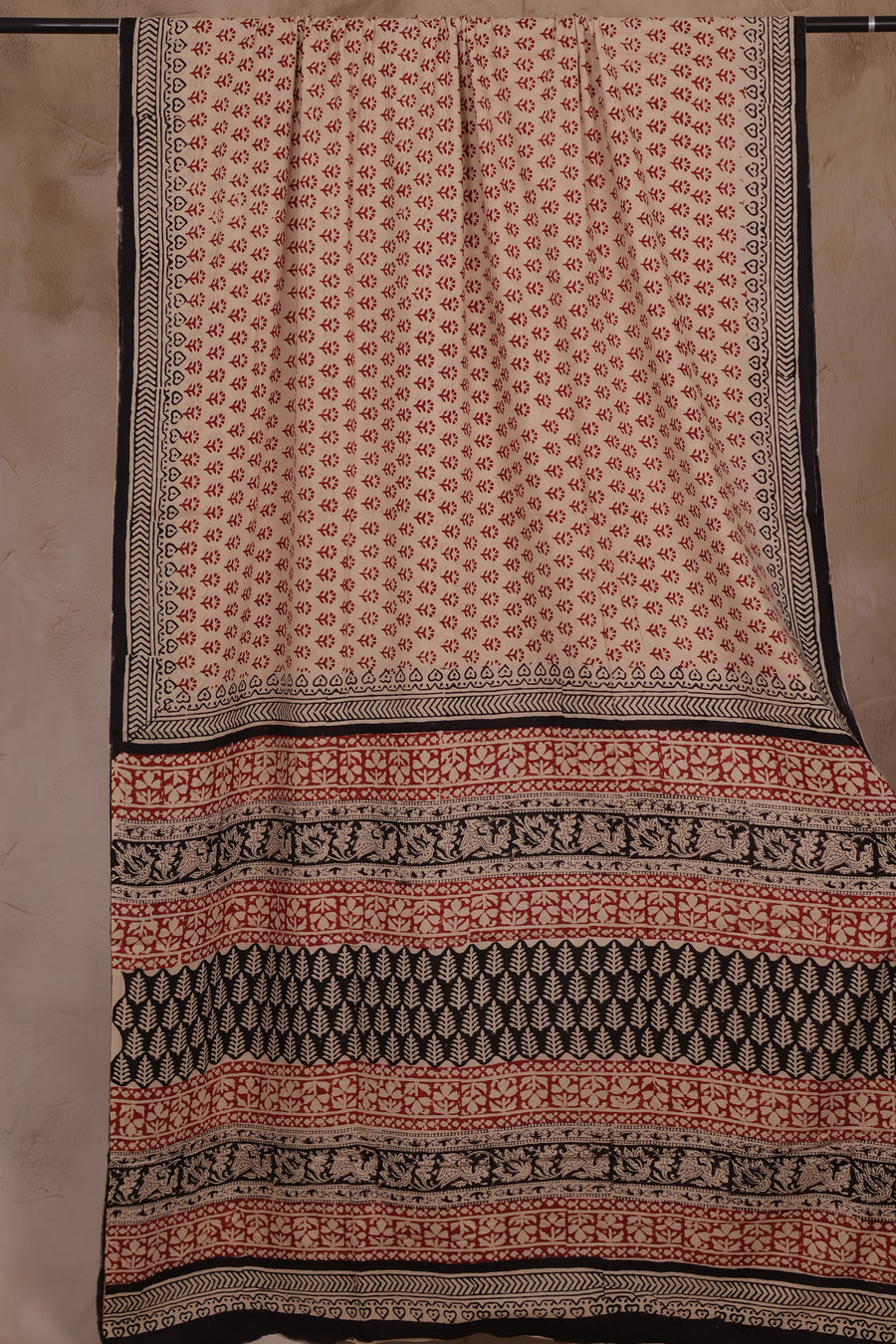 Cream Bagru Handblock printed MulMul cotton saree