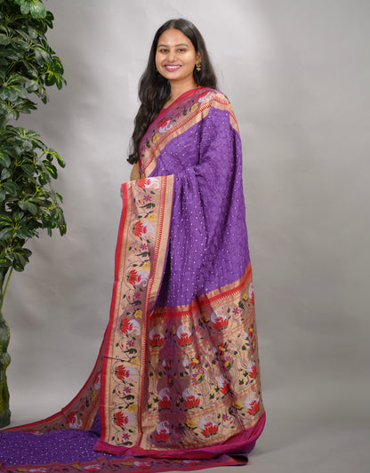 Lavender Handcrafted Bandhani Paithani Dola Silk Saree | Looms & Tassels