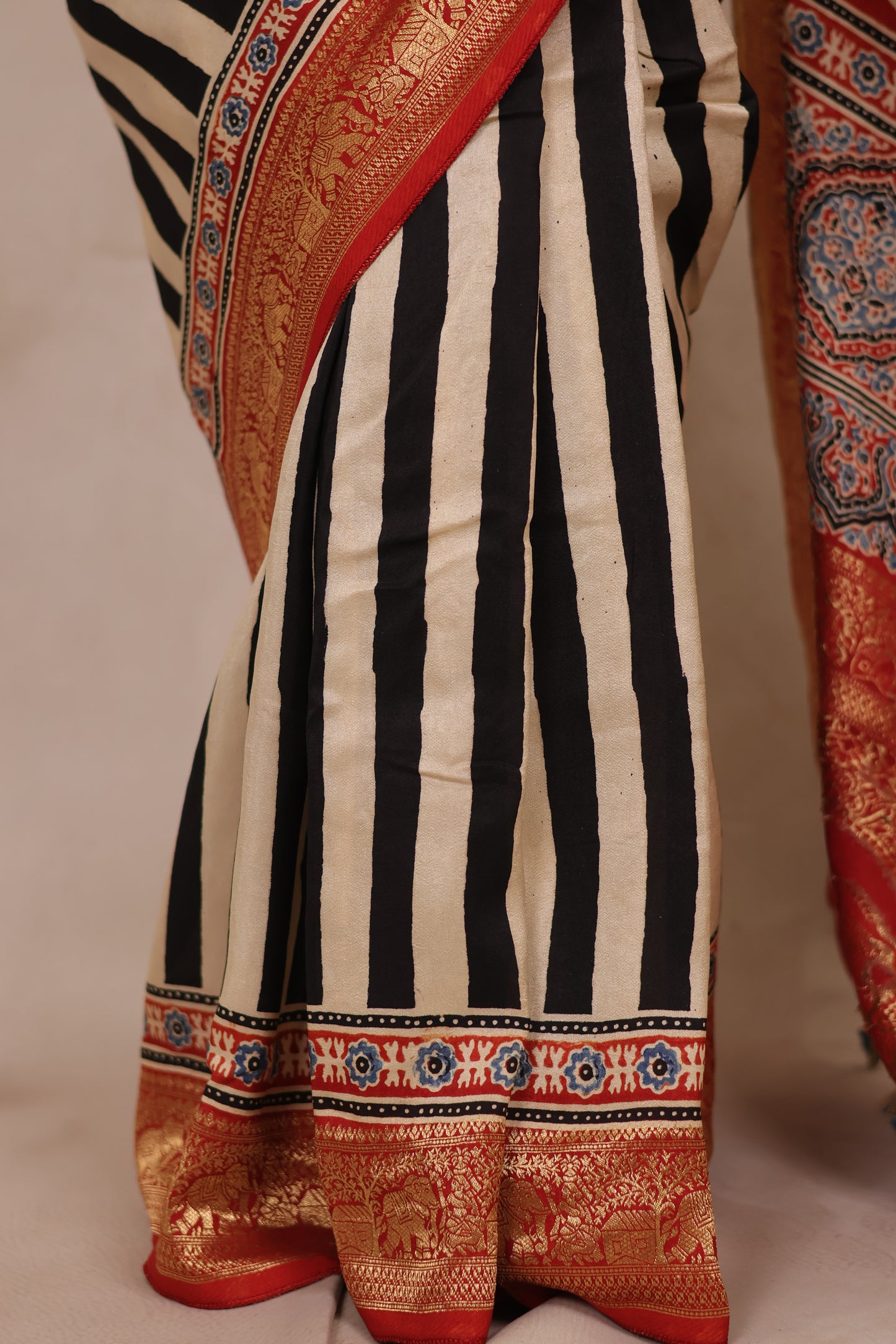 Stripes Contemporary Ajrakh Handblock printed Dola Silk Saree | Looms & Tassels