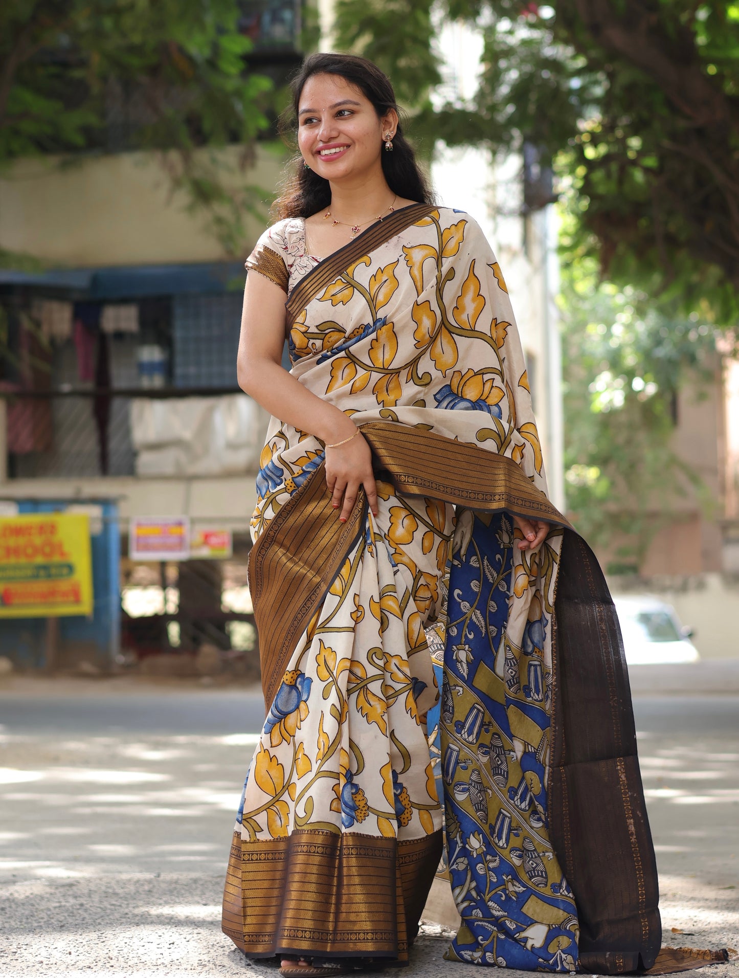 Yellow Lotus Kanchi Border Kalamkari Chennur Silk Saree