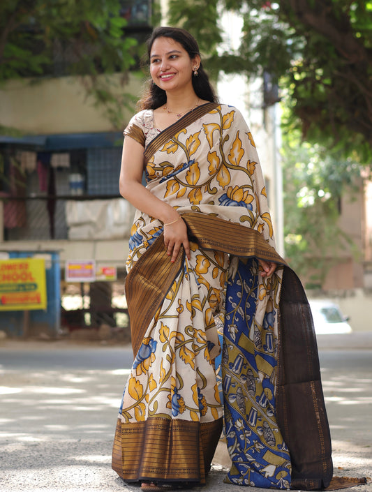 Yellow Lotus Kanchi Border Kalamkari Chennur Silk Saree