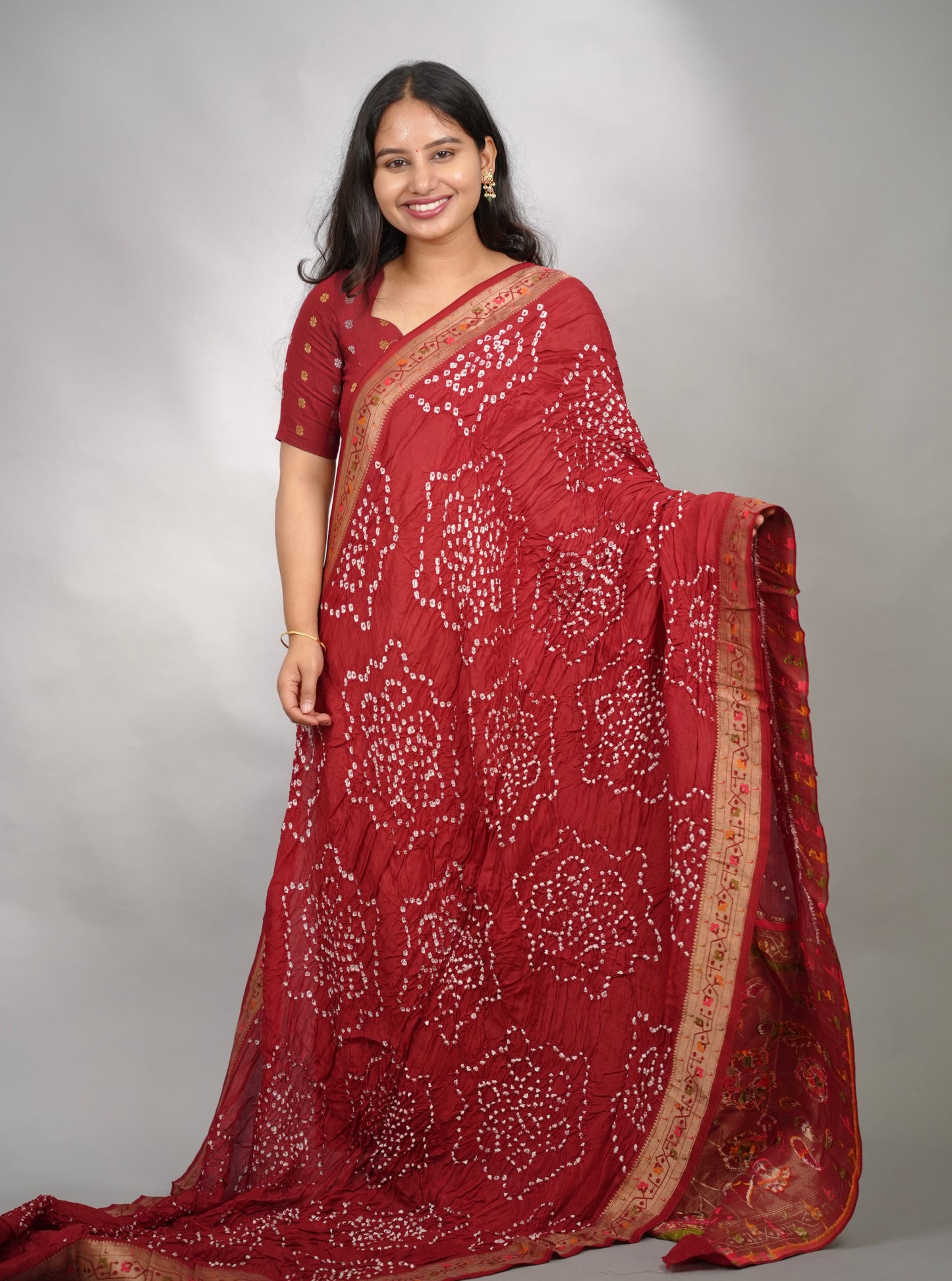 Maroon Handcrafted Pattern Bandhani Paithani Dola Silk Saree | Looms & Tassels